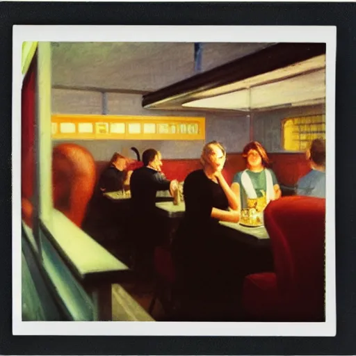 Image similar to a polaroid photo of people at a diner, Edward Hopper composition, detailed, hq, lens flare, realistic
