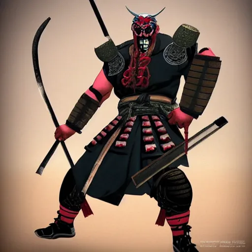 Image similar to big buff strong very buff samurai wearing an oni mask, movie still