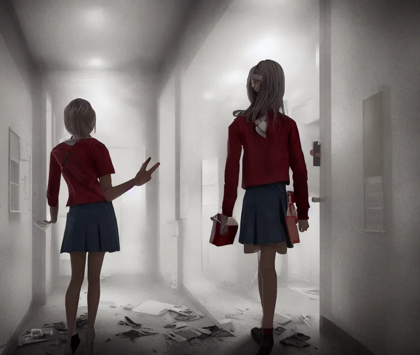 Image similar to School girl standing on an abandoned hospital room with red ceiling lighting, gloomy and foggy atmosphere, octane render, artstation trending, horror scene, highly detailded