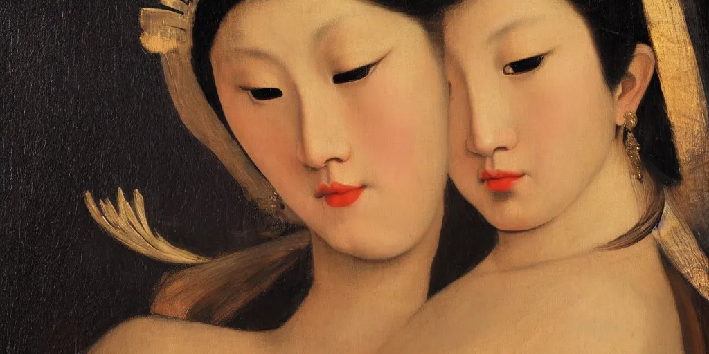 Image similar to a portrait of a very beautiful goddess with halo behind her head, seductively looking in front, Asian beautiful aesthetic face, in the style of Caravaggio and Vermeer, realistic, dramatic lighting