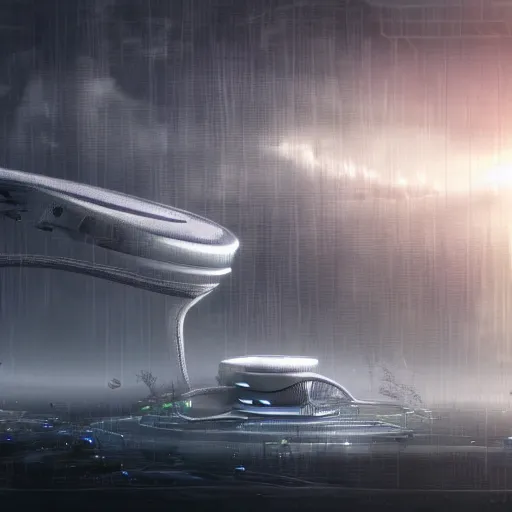 Prompt: A realistic detailed photo of a futuristic violin, alien plants, grey sky, futuristic buildings, flying ships in the background, foggy landscape, light particles, detailed light, realistic shaders, trending on artisation, detailed textures, detailed, realistic.