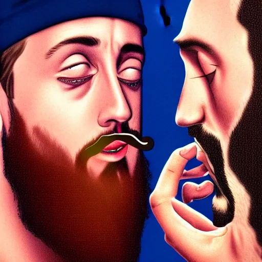 Image similar to an ultra detailed picture portrait of Mac Miller and Jesus smoking a joint in heaven, 8k, photorealistic,