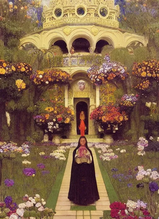 Image similar to the grand temple of flowers, by thomas cooper gotch and frederick arthur bridgman. pre raphaelite, art nouveau, fantasy architecture, symmetry