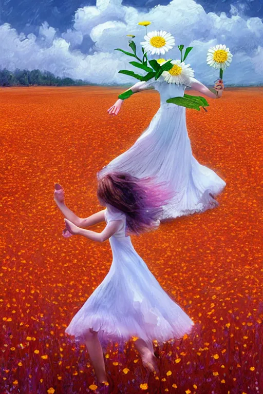 Image similar to giant white daisy flower face head, girl dancing in a flower field, surreal photography, sunrise, dramatic light, impressionist painting, colorful clouds, digital painting, artstation, simon stalenhag