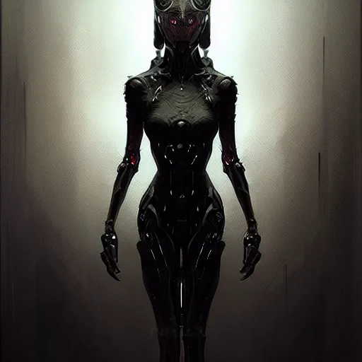 Image similar to professional concept art portrait of a predatory robotic species in a dark room by artgerm and greg rutkowski. an intricate, elegant, highly detailed digital painting, concept art, smooth, sharp focus, illustration, in the style of cam sykes.