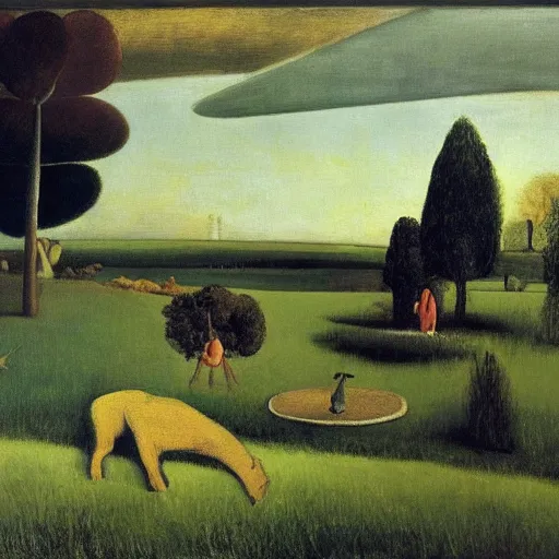 Prompt: pastoral scene by balthus and yves tanguy