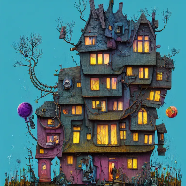 Prompt: house by elsa frozen, surreal art by gediminas pranckevicius, geof darrow, dark shadows, hard lighting, floralpunk, inking, etching, screen print, masterpiece, trending on artstation, sharp, colorful high contrast hd, 8 k hyper detailed