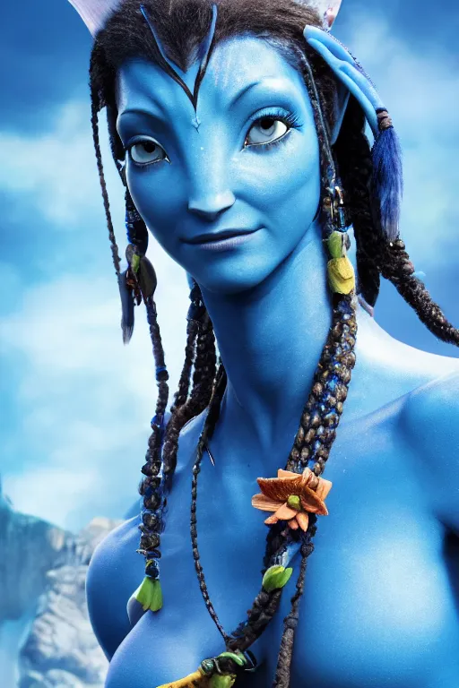 Image similar to photograph of a blue-skinned female navi from avatar, high resolution film still, 8k, HDR colors, cosplay, studio lighting, photo by bruce weber