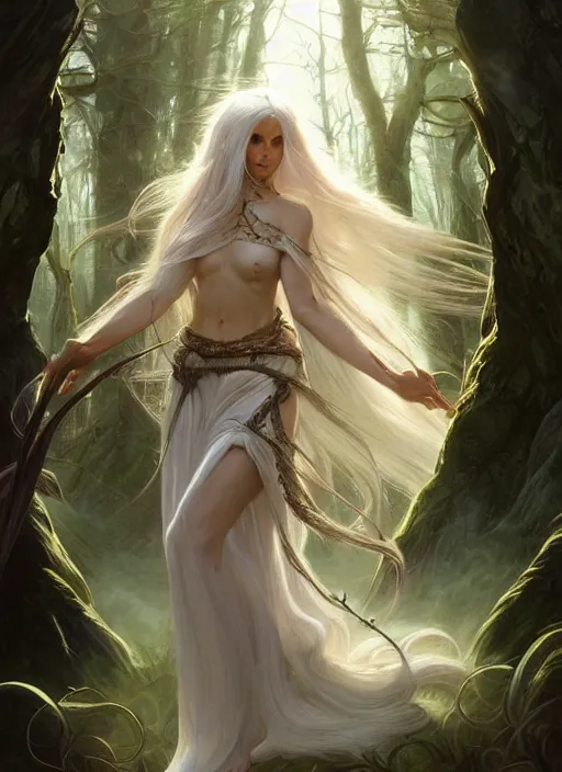 Prompt: portrait of a fantasy elf female sorceress queen with long white hair flowing wind in an ancient forest filled with magic, highly detailed, digital painting, artstation, smooth, sharp focus, illustration, art by artgerm and greg rutkowski and alphonse mucha