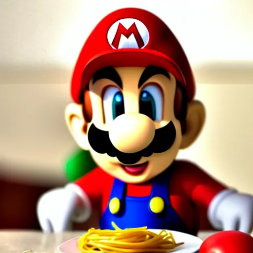 Prompt: photo of super mario sitting at a table eating spaghetti, highly detailed, extremely high quality, hd, 4 k, 8 k, canon 3 0 0 mm, professional photographer, 4 0 mp, lifelike, top - rated, award winning, realistic, detailed lighting, detailed shadows, sharp, no blur, edited, corrected, trending