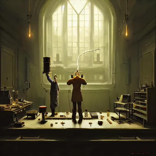 Image similar to symmetry!! mad scientist conducting an experiment by otto dix and greg rutkowski and andreas rocha, cinematic lighting, highly detailed, warm colours, 4 k -