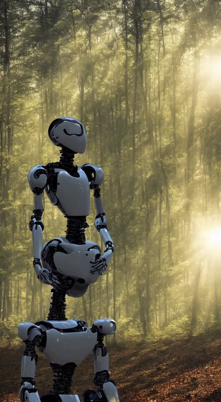 Image similar to a robot portrait in a movie, forest, cinematic shot, sun beams