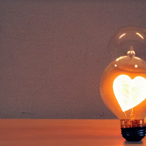 Prompt: an edison bulb glowing with a heart-shaped filament, minimalist, ephemeral, detailed, elegant, stock photo, Sony a7R, trending on artstation