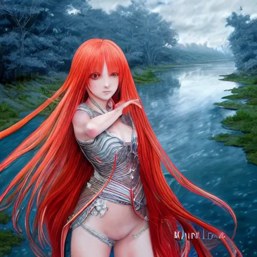 Prompt: a long - red - haired female knight as an absurdly beautiful, elegant, young sensual anime girl, river in background, ultrafine hyperrealistic detailed face illustration by kim jung gi, irakli nadar, intricate linework, sharp focus, bright colors, matte, final fantasy, unreal engine highly rendered, global illumination, radiant light, intricate environment