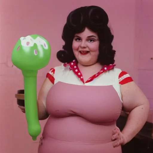 Image similar to 1976 a curvy woman vintage kitchen baking a cake wearing an inflatable long prosthetic snout nose made of gooey green slime, has growths of inflatable plastic on her skin, soft color wearing stripes, pink slime everywhere, light beige polka-dot walls, studio lighting 1976 color film archival footage holding a hand puppet that looks like Caspar the Friendly Ghost, 16mm Russ Meyer John Waters Almodovar Doris Wishman