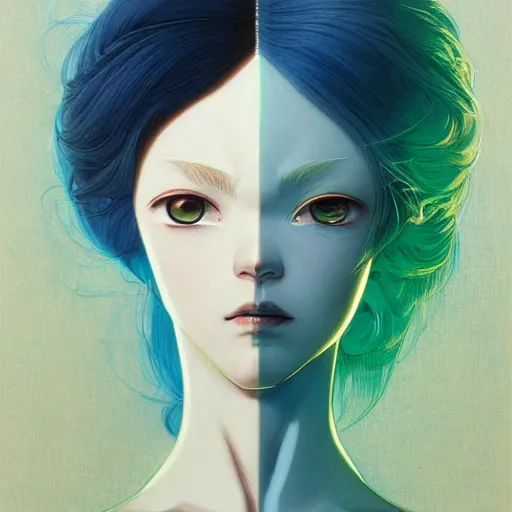 Image similar to prompt : ivory and blue and green portrait soft light painted by james jean and katsuhiro otomo and erik jones, inspired by evangeleon anime, smooth face feature, intricate oil painting, high detail illustration, sharp high detail, manga and anime 1 9 9 9