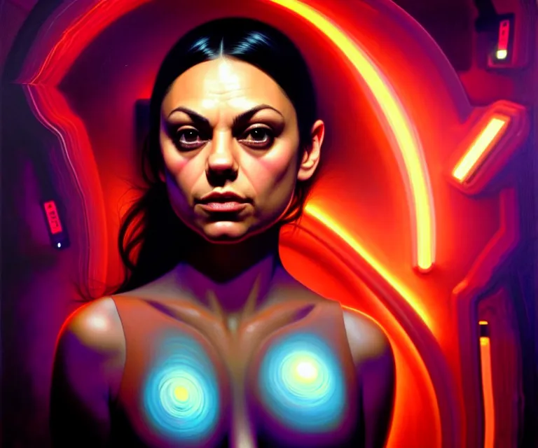 Prompt: mila kunis, in holograms of alien artifacts, electrical case display, total recall tech, dramatic lighting, electrical details, high details, 4 k, 8 k, best, accurate, trending on artstation, artstation, photorealism, ultrarealistic, digital painting, style of peter mohrbacher, caravaggio, boris vallejo