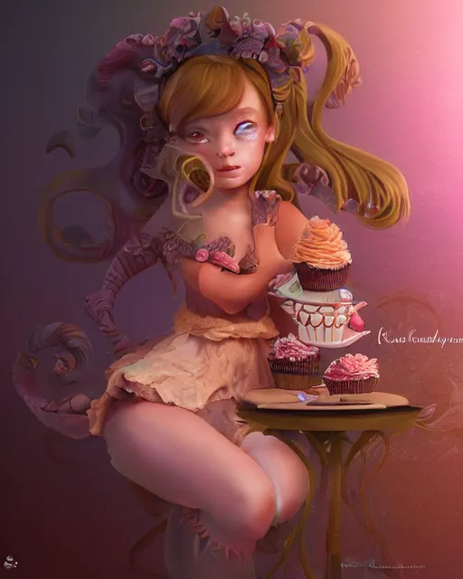 Prompt: a girl as personification pf chocolate cupcake, fantasy bakery, digital art by krenz kushart, wlop, laurie greasly, intricate details, global illumination, smooth, epic composition