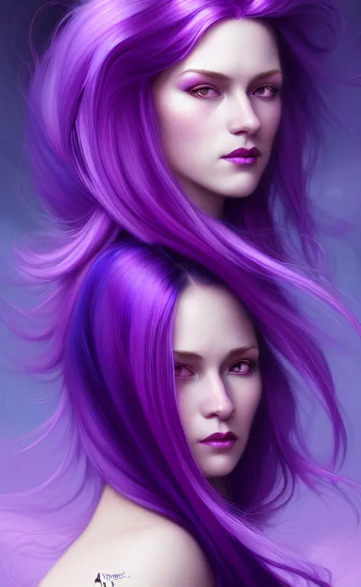 Image similar to Purple hair relistic Portrait of a woman with bright colored flying hair, all shades of purple. Hair coloring, long hair, blue eyes, fantasy, intricate, elegant, highly detailed, digital painting, artstation, concept art, smooth, sharp focus, illustration, art by artgerm and greg rutkowski and alphonse mucha