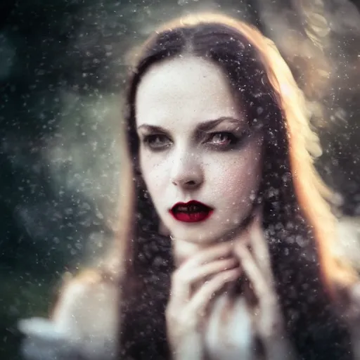 Prompt: A beautiful portrait of a lady vampire, victorian, ominous, depth of field, bokeh, irwin penn, soft light, cinematic