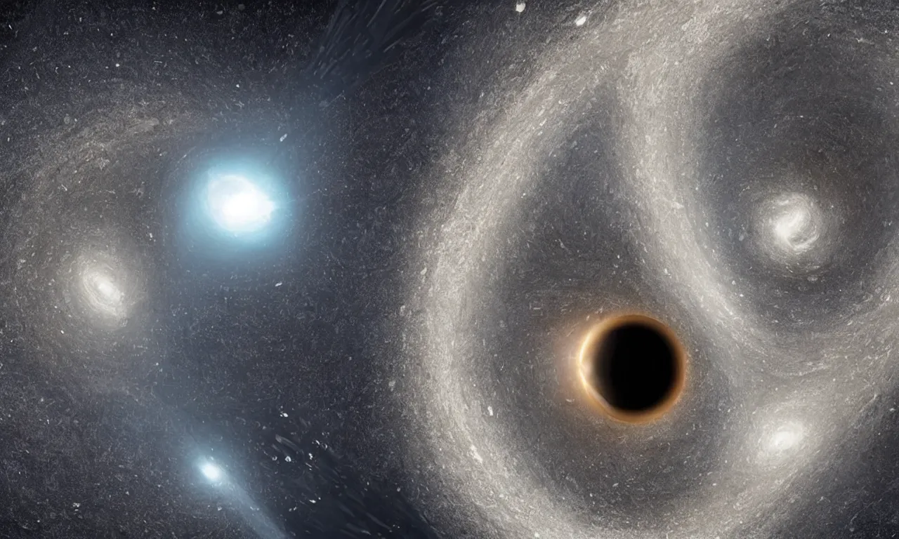 Image similar to space debris from ancient space station and other space constructions revolving around black hole forming a tilted vortex in black starless space