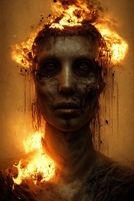 Image similar to portrait of a ghost burning, floating, ancient wood environment, Darkest cinematic lighting, insanely detailed, trending on artstation, golden ratio, concept art by Emil Melmoth