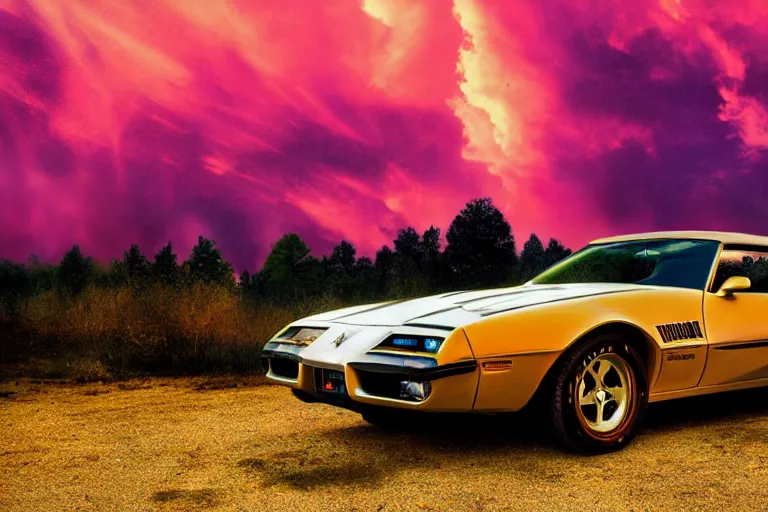 Prompt: pontiac firebird with grafitti tag on side, sunrise, dramatic, cinematic, forest, sunbeams, volumetric lighting, wide shot, low angle, pokemon looking at car