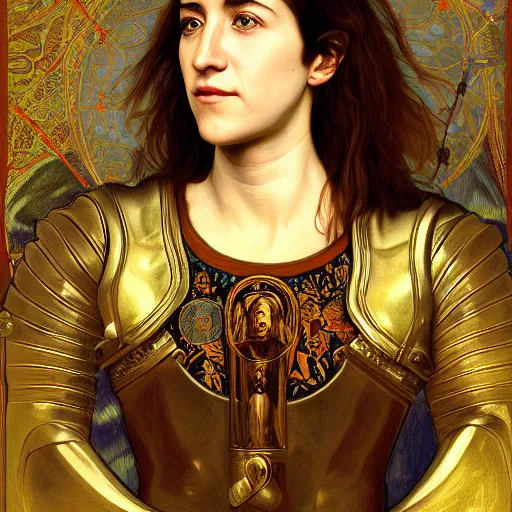 Image similar to portrait of charlotte gainsbourg as joan of arc in armor, hyperreal digital painting, iconography influenced by alphonse mucha and eugene delacroix, arstation and deviantart trends, high resolution 8 k