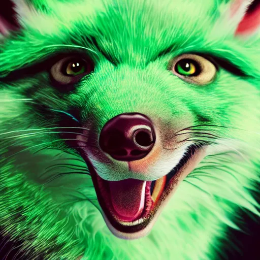 Image similar to close up of photorealistic green fox with green fur and glowing magenta eyes, wearing a black hoodie