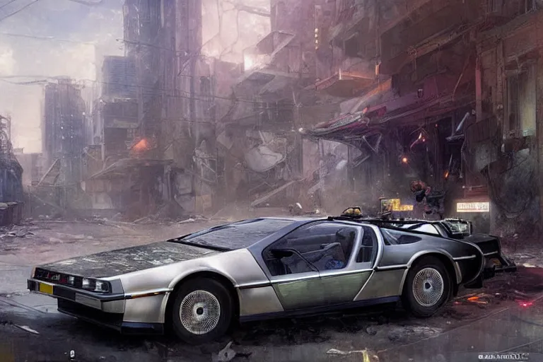 Image similar to photograph of the delorean, with a sleek spoiler, driving down the streets of a cyberpunk abandoned city, by greg rutkowski, by stanley artgerm, by alphonse mucha