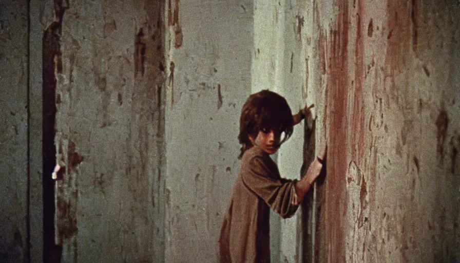 Image similar to 7 0 s film still from a horror movie about angry children climbing the walls of an abandoned church, kodachrome, cinecolor, cinestill, film grain, film texture, retro, cinematic, high resolution, photorealism,