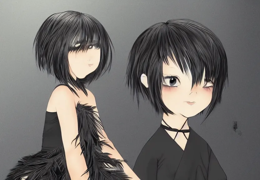 Image similar to little girl with a short black haircut wearing a dress made of black feathers, artwork in genshi impact art style, anatomically perfect