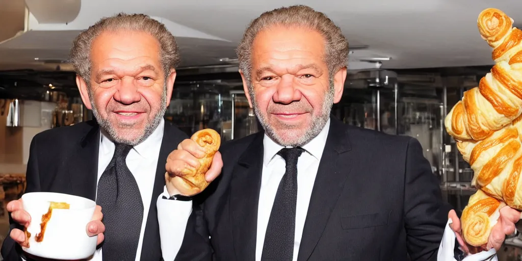 Image similar to alan sugar with really long arms holding some pastry pets