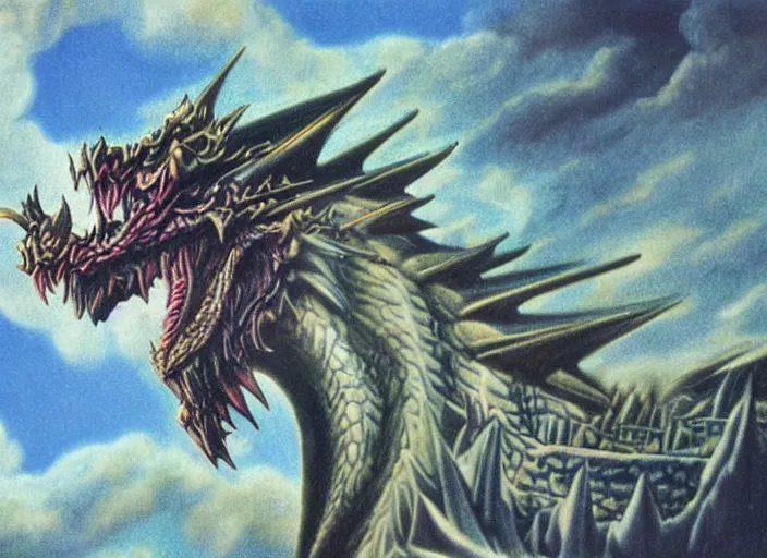 Image similar to pleasing - palette roaring symmetrical dragon head, close - up, pleasing palette, spiky teeth, highly detailed, made out of idyllic nebulous clouds sophisticated detailed pastel dragon from scenery fantasia ( 1 9 4 1 )