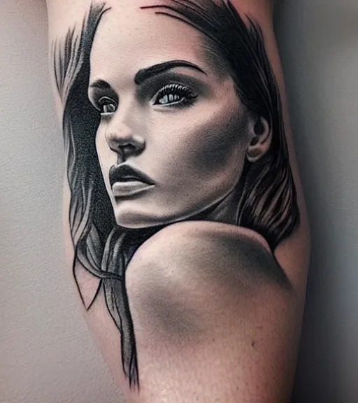 Image similar to tattoo design sketch of a beautiful woman face with a faded background of beautiful mountains and nature on her side, hyper - realistic, in the style of den yakovlev, amazing detail, black and white