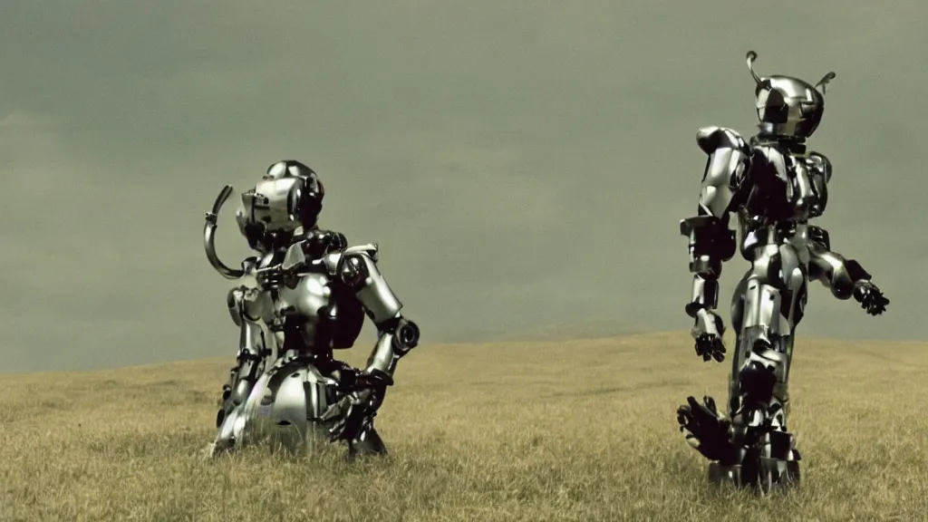 Prompt: Björk in a mechsuit mecha on a hillside beautiful cinematic photography cinematography 35mm film still