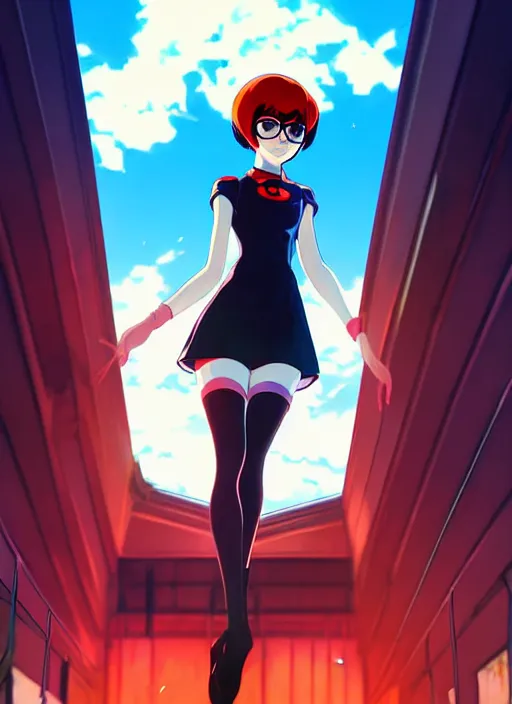 Prompt: Painting of Velma Dinkley in the style of Persona 5, anime style, winged eyelashes, countryside, calm, fantasy character portrait, dark outlines, dynamic pose, above view, sunny day, artwork by Makoto Shinkai, very coherent asymmetrical artwork, sharp edges, perfect face, simple form, 100mm