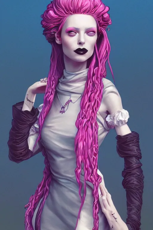 Image similar to vaporwave, an elegant sophisticated gothic queen with long pink dreads, straight on, by artgerm, jamie hewlett, tom bagshaw, gerald brom, 4 k, smooth, hd, substance designer render, full body character concept art, cel shading, toon shading,