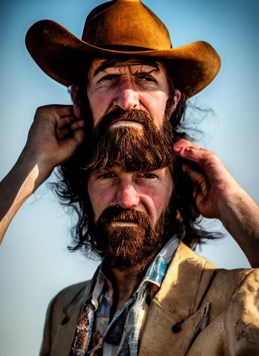Image similar to closeup portrait of desperate dan (cowboy), zeiss lens, detailed, symmetrical, centered, fashion photoshoot, by Annie Leibovitz and Steve McCurry, David Lazar, Jimmy Nelsson, Breathtaking, 8k resolution, extremely detailed, beautiful, establishing shot, artistic, hyperrealistic, beautiful face, octane render