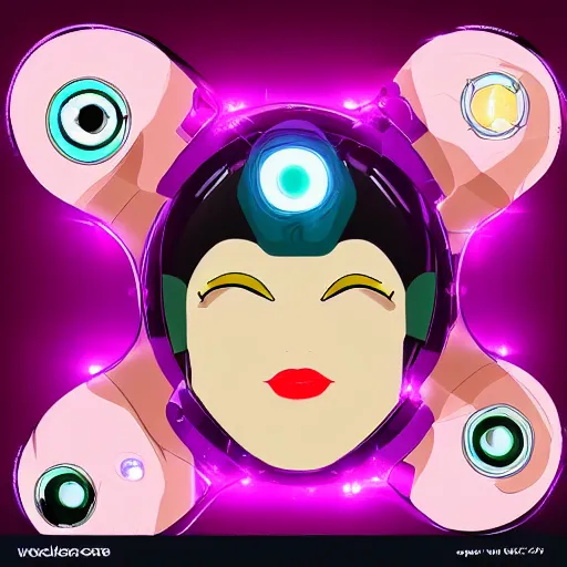 Image similar to female futuristic cartoon robot face with flower antennas