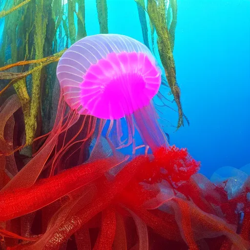 Image similar to a beautiful translucent red cellophane jellyfish in a translucent cellophane kelp forest