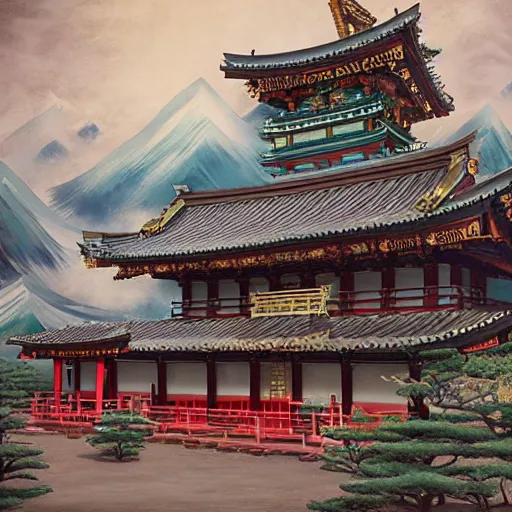 Prompt: traditional shinto temple, bizzaro, baroque, renaissance, by emedios varo and anato finnstark and fenghua zhong, hyperrealism, 4 k 8 k, 3 d, hyperrealism, masterpiece, texture, captivating, awe inspiring