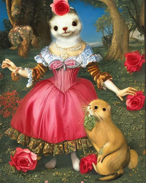 Prompt: A vintage rococo painting by Salvador Dalle Lisa Frank of the red queen chibi otter with her hair so pointy. Says to Alice the rogue chibi fox let's play a game. Paint all the roses red. In alices jumper dress she paints red all over the place. The stoic chibi white rabbit sits in the foreground watching this, staring at his pocket watch 3d render hd 5d digital art