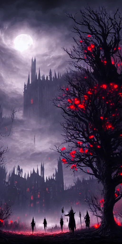 Image similar to populated bloodborne old valley with a dark person at the centre and a ruined gothic city in the background, trees and stars in the background, falling red petals, epic red - orange moonlight, perfect lightning, wallpaper illustration by niko delort and kentaro miura, 4 k, ultra realistic