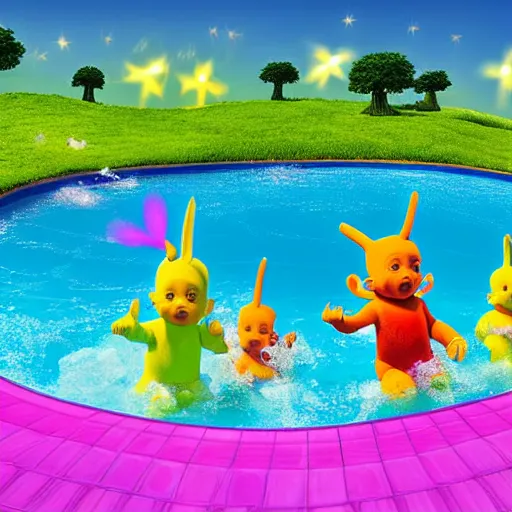 Prompt: photorealistic, real, photograph, teletubbies swimming in a outdoor pool