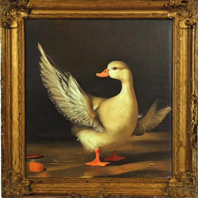 Prompt: baroque dutch painting from 1 6 7 0 of a duck holding a trangle