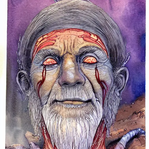 Image similar to very very very old shaman burns from the inside out, old gray haired mexican mage fire from inside, close his eyes with no pain, watercolor ink painting, in the style of jean giraud, in the style of moebius trending on artstation deviantart pinterest detailed realistic hd 8 k high resolution