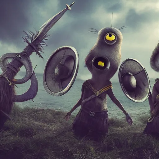 Image similar to The minions in The Vikings Digital art very detailed 4K quality Super Realistic