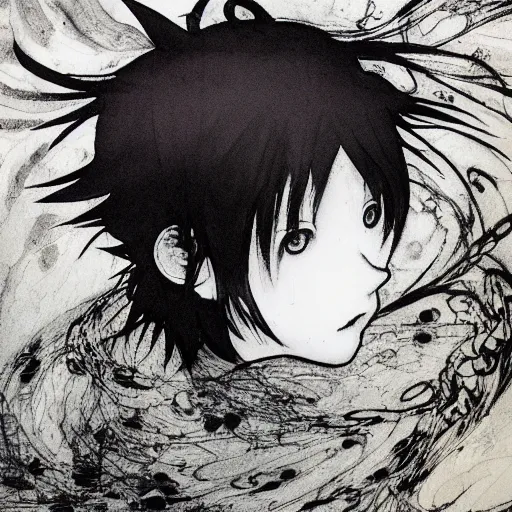 Image similar to Yoshitaka Amano blurred and dreamy illustration of an anime man with black short hair fluttering in the wind and cracks on his face, abstract black and white patterns on the background, noisy film grain effect, highly detailed, Renaissance oil painting, weird portrait angle