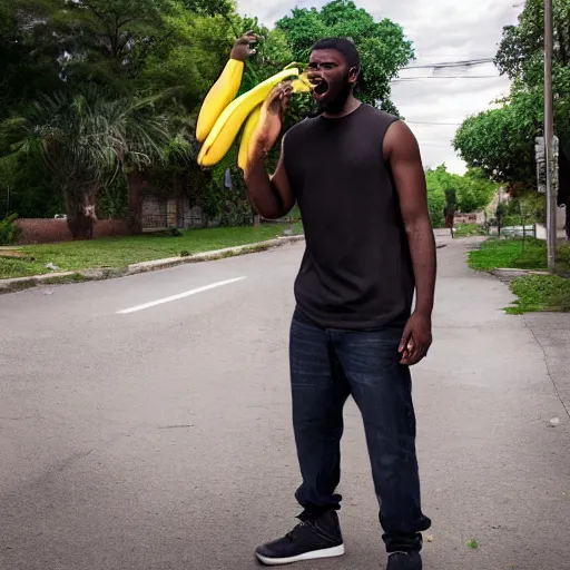 Prompt: big angry black maneating bananas in the hood, 8k resolution, full HD, cinematic lighting, award winning, anatomically correct